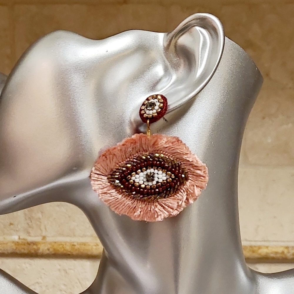 New Oversized Boho Funky Evil Eye Beaded Silk Fringe Drop Earrings - Picture 7 of 8